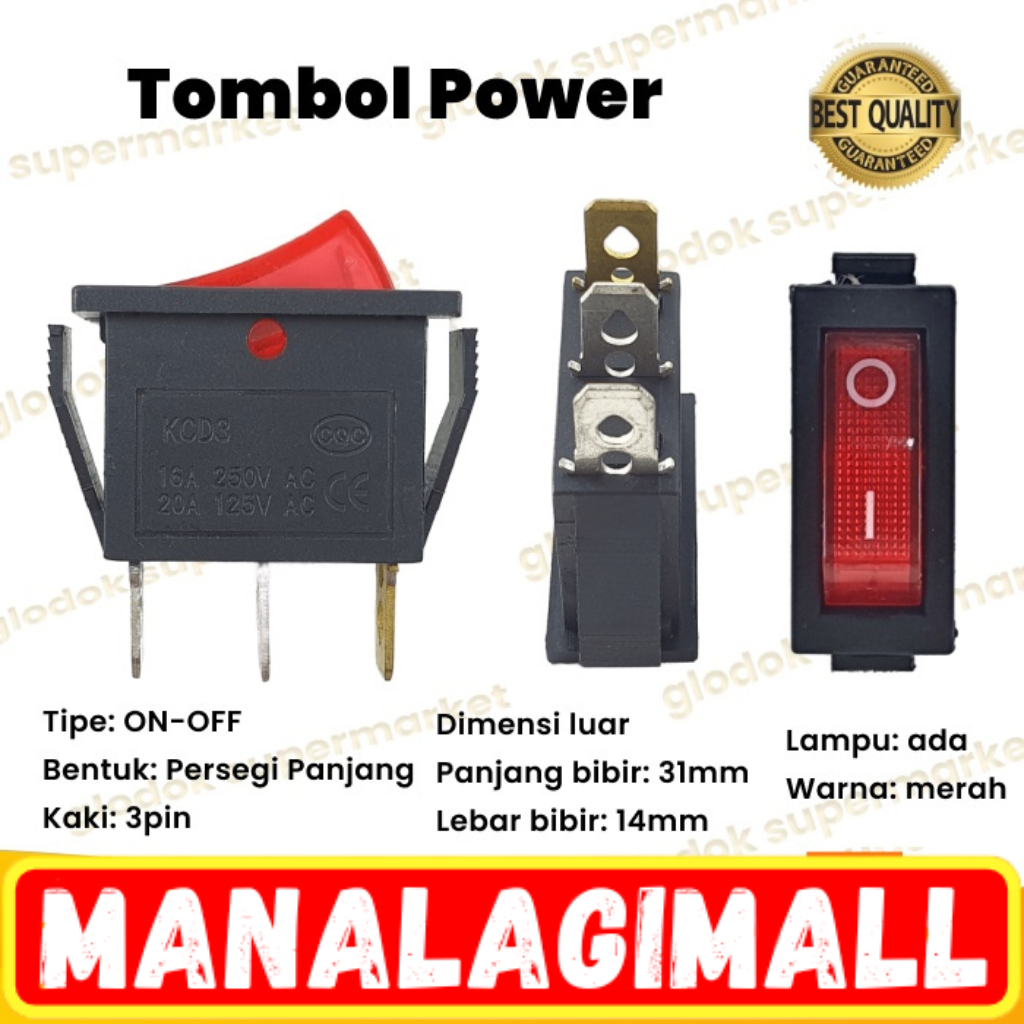 Saklar 3 pin On Off Tombol Rocker 2 Posisi Lampu KCD3 Power Switch 3pin / Switch On Off Lampu Besar 