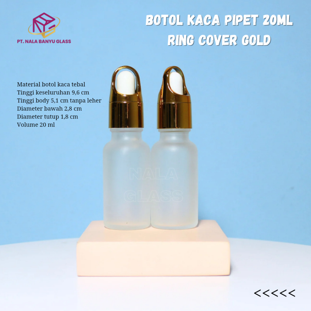 botol kaca pipet 20ml bening frosted doff ring gold