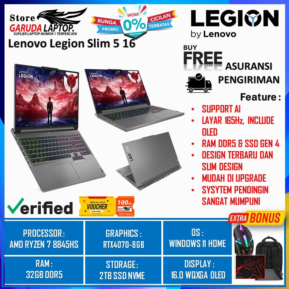 LAPTOP GAMING LENOVO LEGION SLIM 5 AMD RYZEN 7 8845HS 32GB 2TB SSD RTX4070-8GB WIN11HOME LUNA GREY