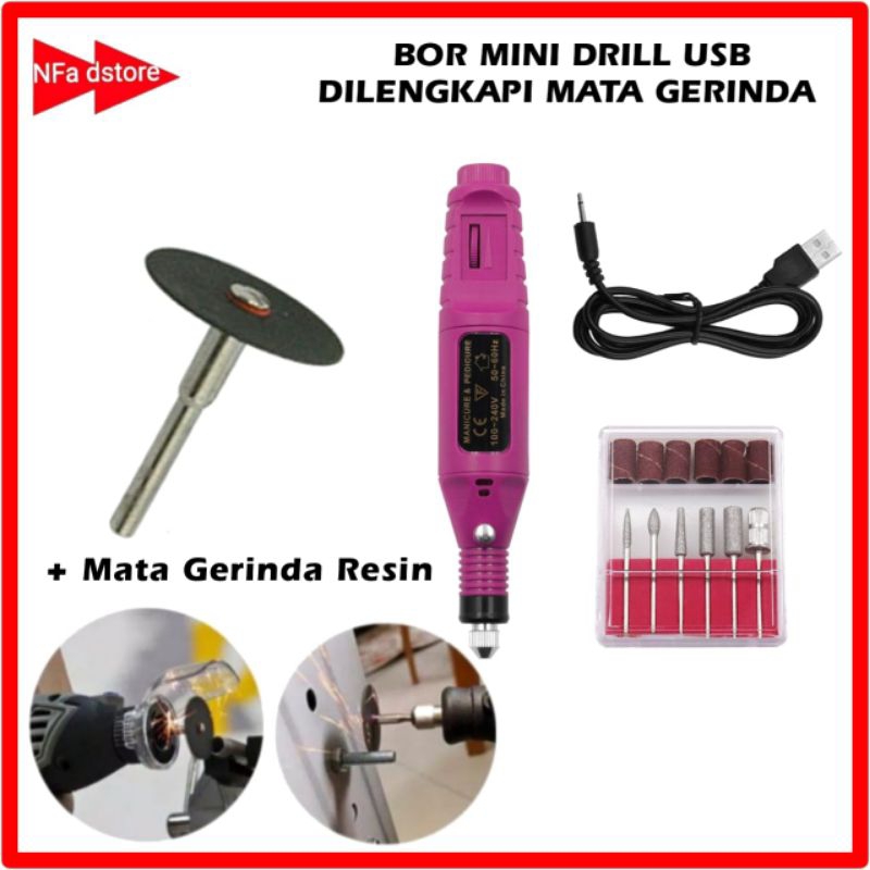 Bor Mini / Alat Ukir Grafir / Gerinda Listrik Mini USB + Mata Gerinda
