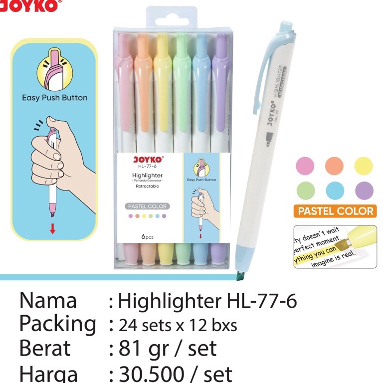 

KODE G43A HL 77 6 Retractable Highlighter Set JOYKO Penanda Cetrek 6 Warna Pastel harga 1 set Stabilo Pastel Color HL776 HL 77 6