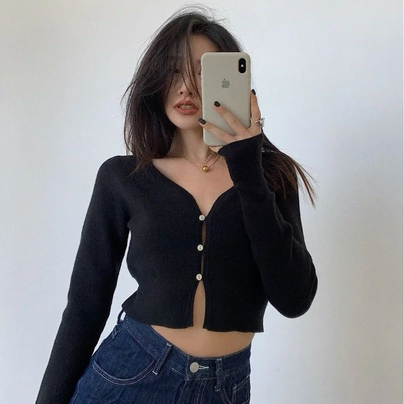 Cardigan Blazer Knitted Long Sleeve Crop Top Blazer Kardigan Rajut Lengan Panjang Kancing Rajut