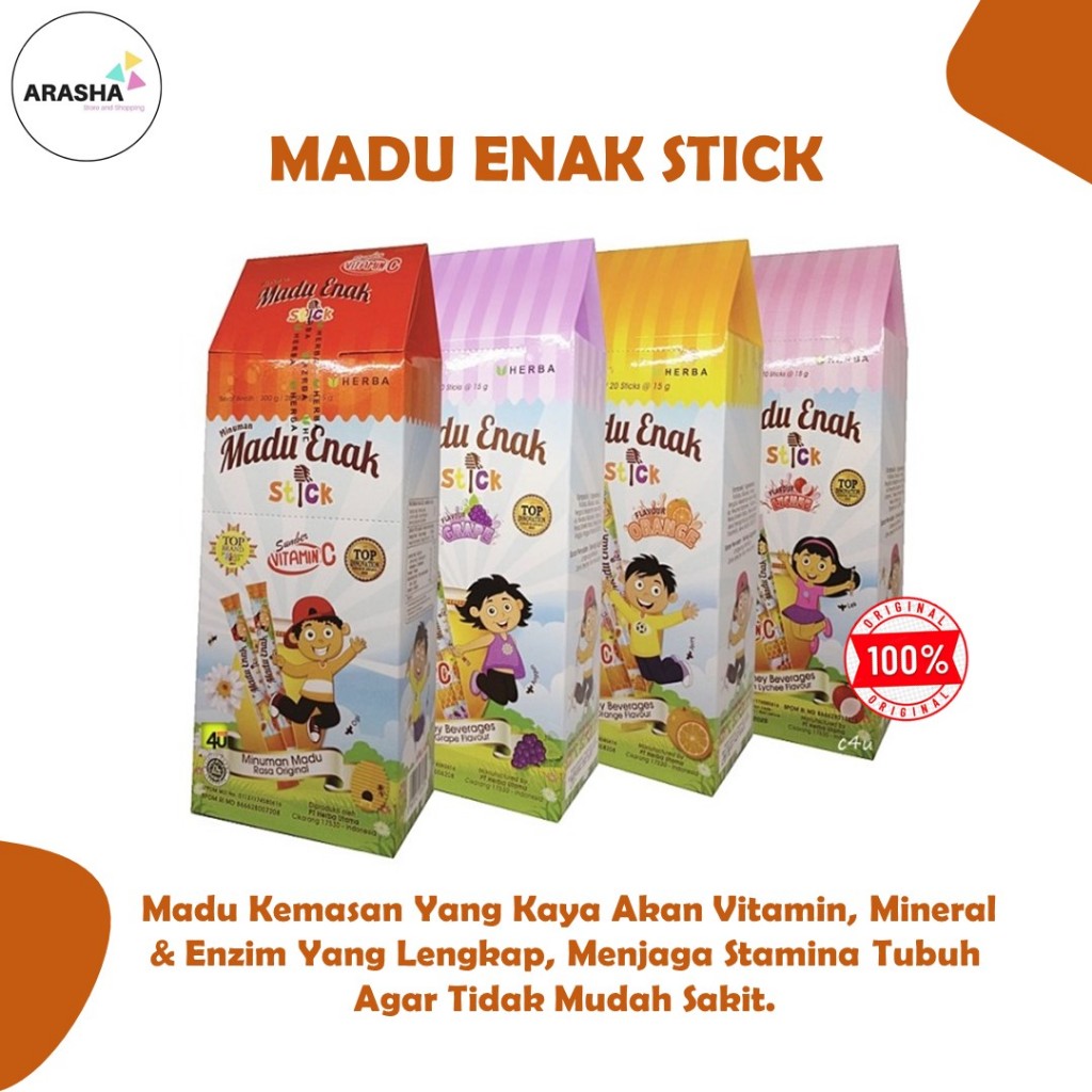 

HERBA MADU ENAK STICK PERBOX - Menjaga Daya Tahan Tubuh - Kemasan Stick - Rasa Jeruk - Anggur - Leci