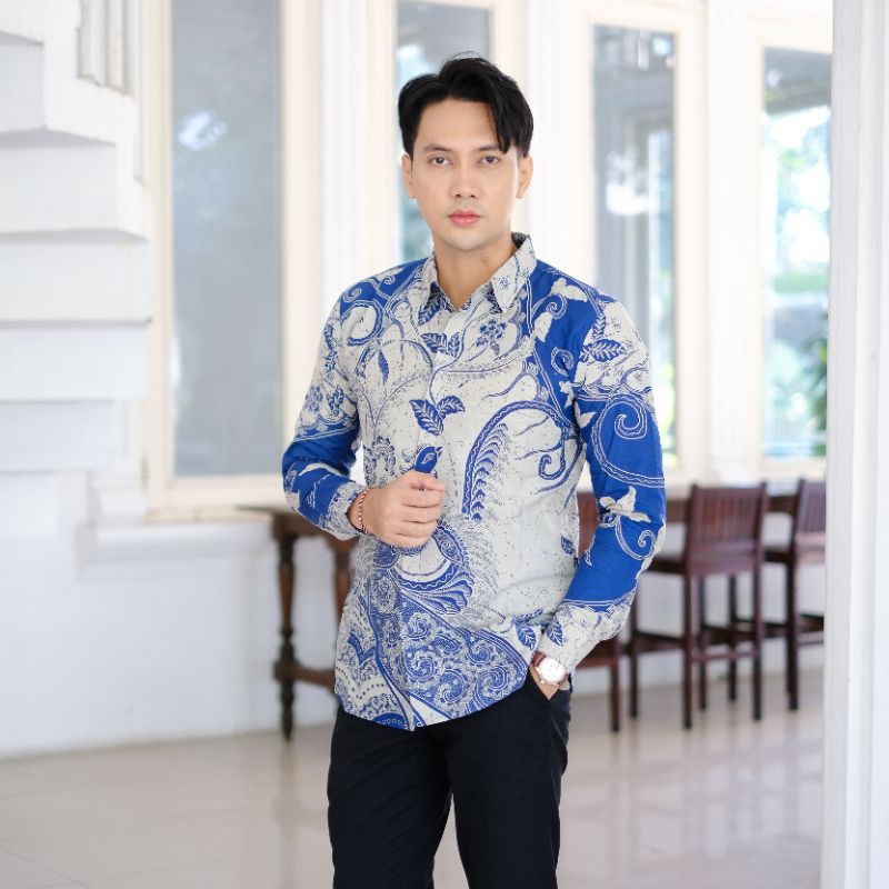 Warna Biru Denim Kemeja Batik Pria Slimfit Lengan Panjang Lapis furing Motif Denim Baju Batik Pria J