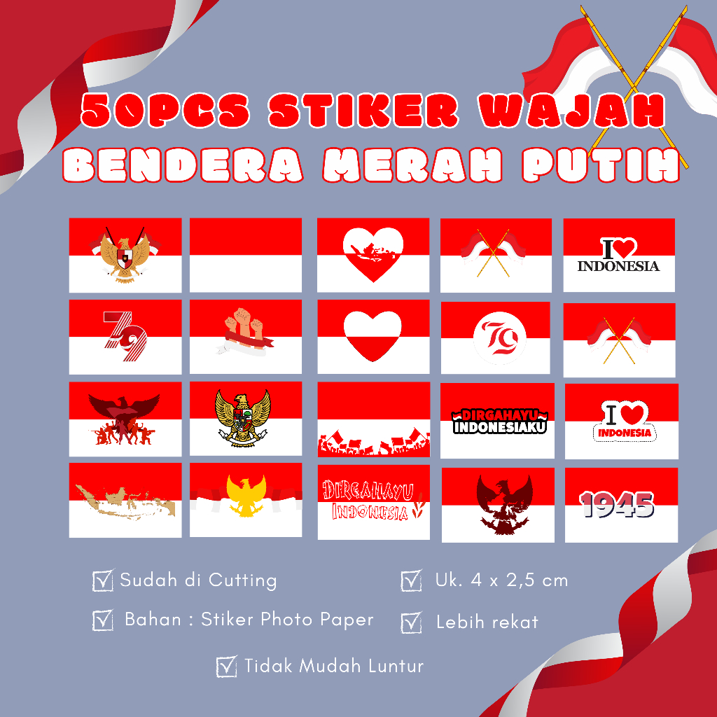 

(50pcs) Stiker Pipi / Stiker Merdeka / Stiker merah putih/ stiker Agustusan / Stiker bendera /