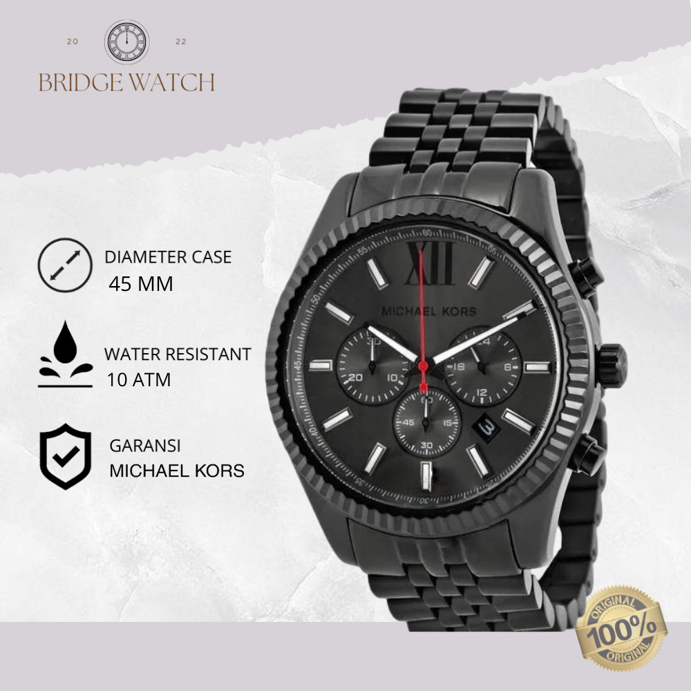 Jam Tangan Pria Michael Kors Lexington MK8320 Original Analog Chronograph Hitam Stainless Steel Stra