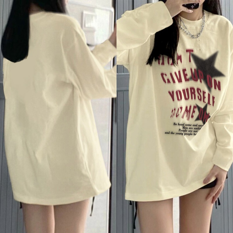 Kaos Oversize Lengan Panjang Wanita Korean Style Huruf Retro Besar/ Baju Kaos Lengan Panjang Wanita 