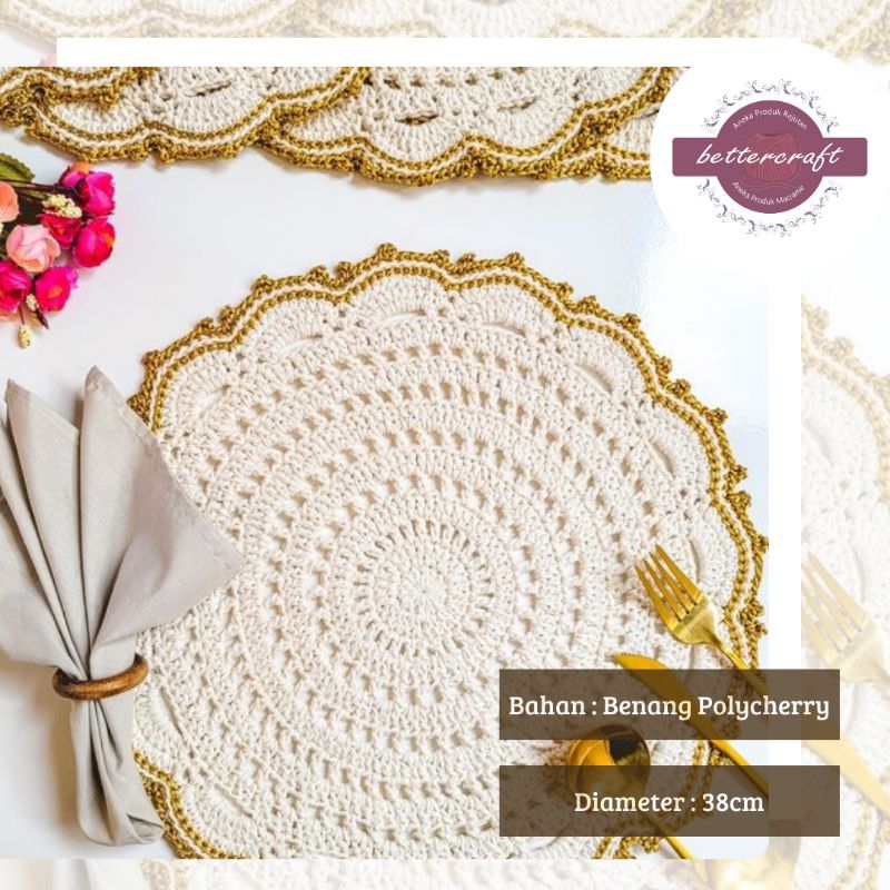 Taplak Rajut Putih- Gold Kombinasi | Taplak Bulat | Taplak Bulat Aestetic