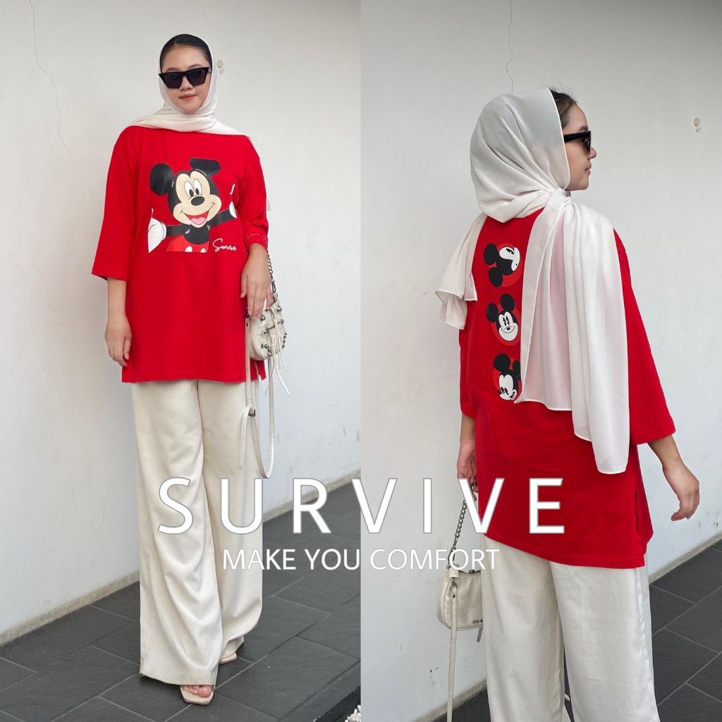 SURVIVE Kaos Baju Atasan Wanita Oversize Tunik Mickey Disney Ld 120 Bahan Cotton 24s Lengan 7/8