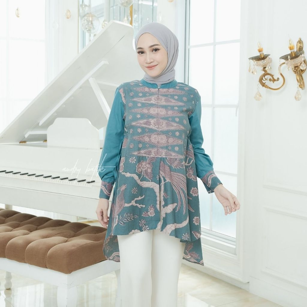 Audry Batik - Syelma - Tunik Batik Kerja Wanita Panjang Hijab Motif Abstrak Tosca