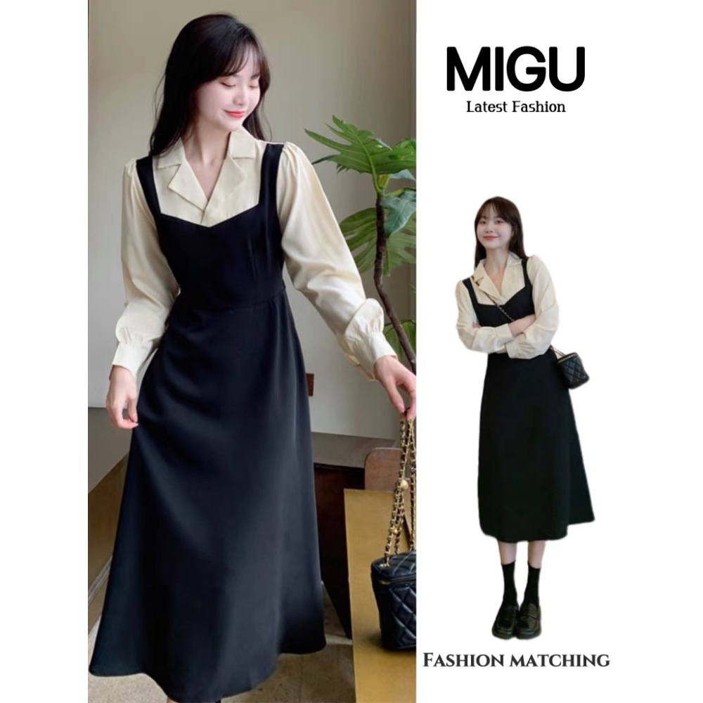 Dress Lengan Panjang Wanita Temperamen Perancis Dress Panjang Modis Rok Kasual Longgar