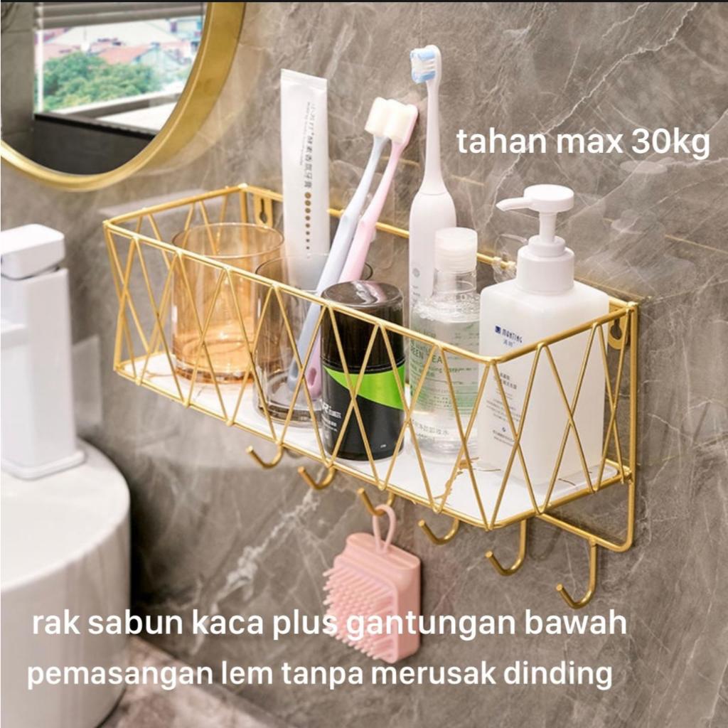 Rak Kamar Mandi Gold Alas Kaca Marble Putih Hitam / Rak Sabun Tembok Gold