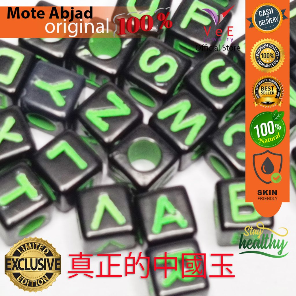 Mote Dadu Inisial Huruf Abjad A - Z Hitam Hijau - Vee Jewelry Manik Bahan Gelang Kalung Liontin