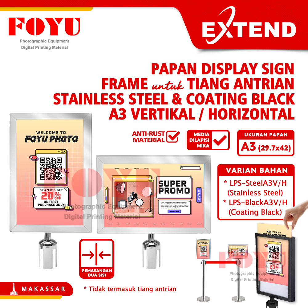 

Papan Display Sign Frame Tanda Board Banner Iklan Poster Untuk Tiang Pembatas Antrian Stainless Steel Coating Black A3 Vertikal Horizontal Extend