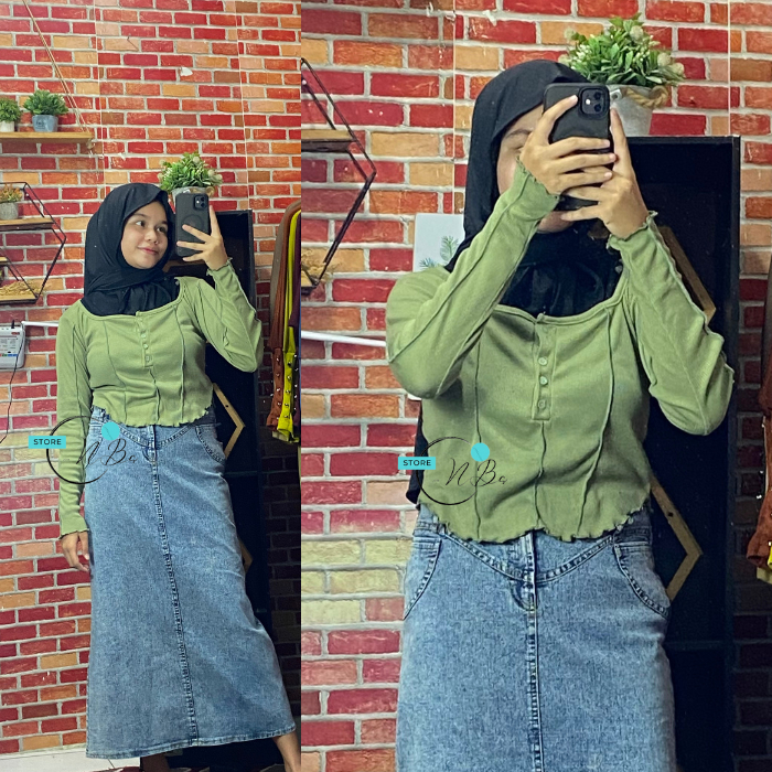 Baju Crop Top Knit Wanita Kancing Premium