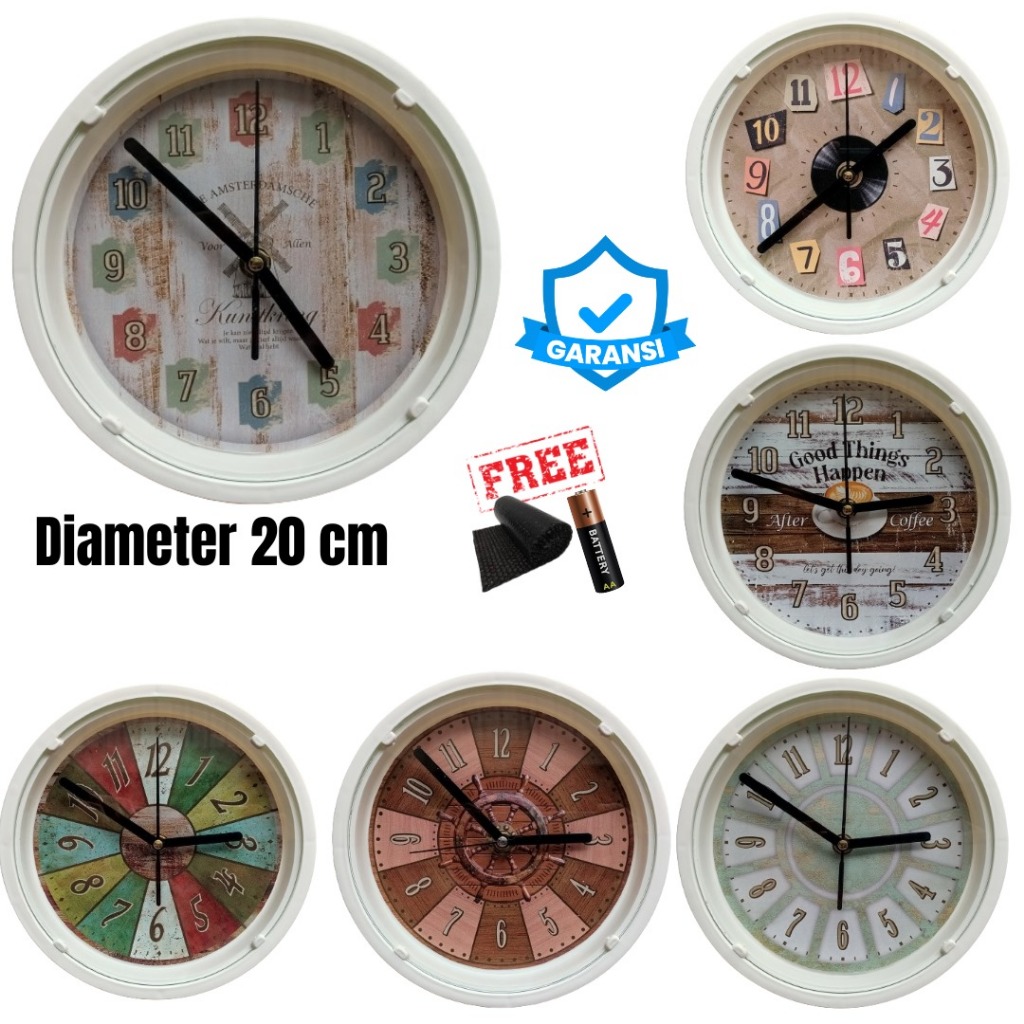 Jam Dinding dan Meja Vintage Series Angka Romawi Aesthetic Kayu Quartz Sweep Silent Size Kecil 20cm