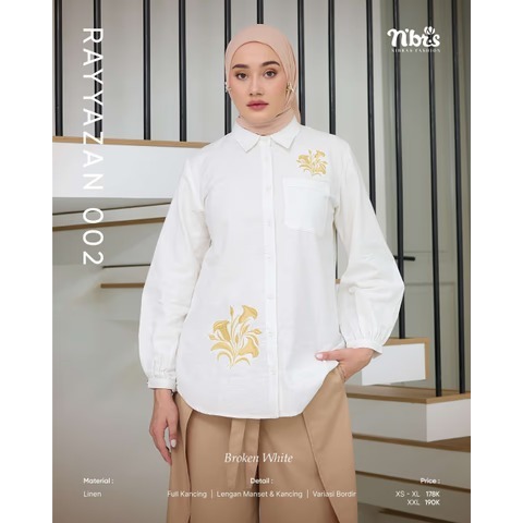 Nibras Atasan Rayyazan 002 Bahan Linen Atasan Putih Formal Wanita