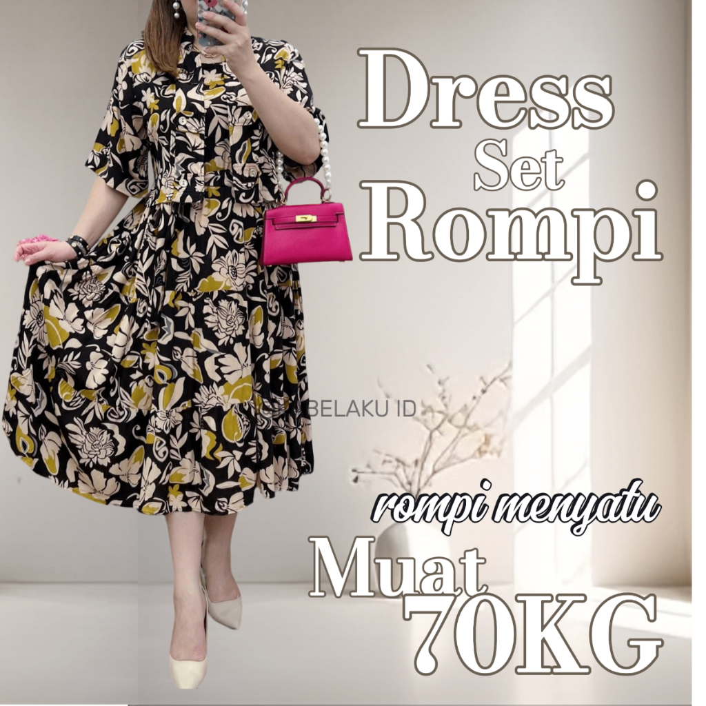 SET MIDI DRESS WANITA MOTIF BUNGA FLORAL dress set rompi korea style premium