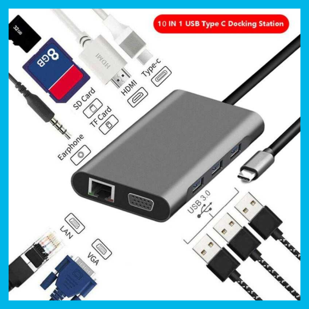 EASYIDEA USB Type C Hub 10 in 1 HDMI VGA USB 3.0 LAN RJ45 Card Reader - VD76