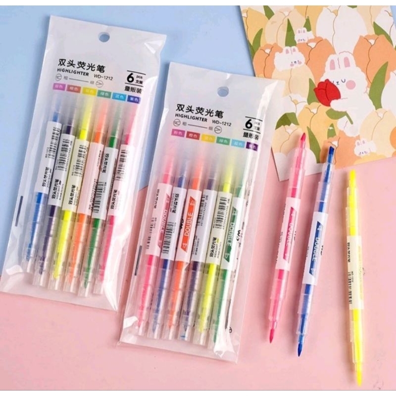 

Highlighter dua sisi warna isi 6pcs pen 2 sisi diary marker stationery unik penanda buku warna