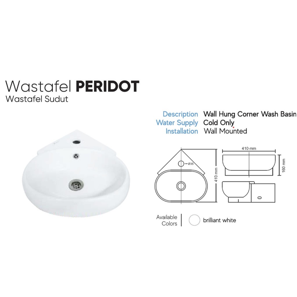 Wastafel Trilliunware Peridot Series / Westafel Sudut Keramik Putih