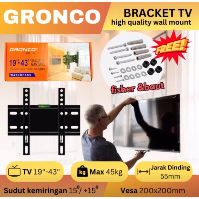 BRACKET TV BRAKET TV LCD LED 19 Inch-43 inch Universal Bracket TV Dinding Penyangga Televisi Gronco