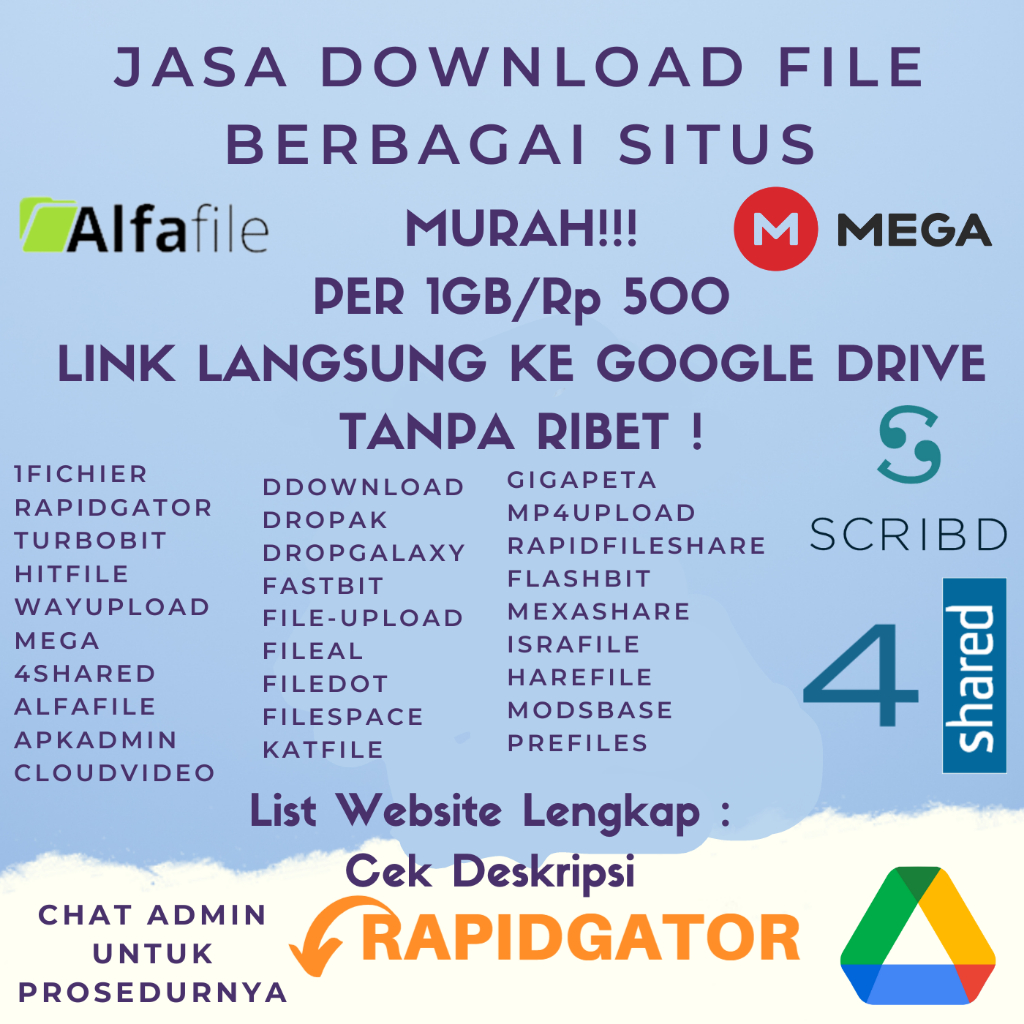 (Per 1GB) Jasa download website file Google Drive, Rapidgator, 4shared, Alfafile, katfile, turbobit 