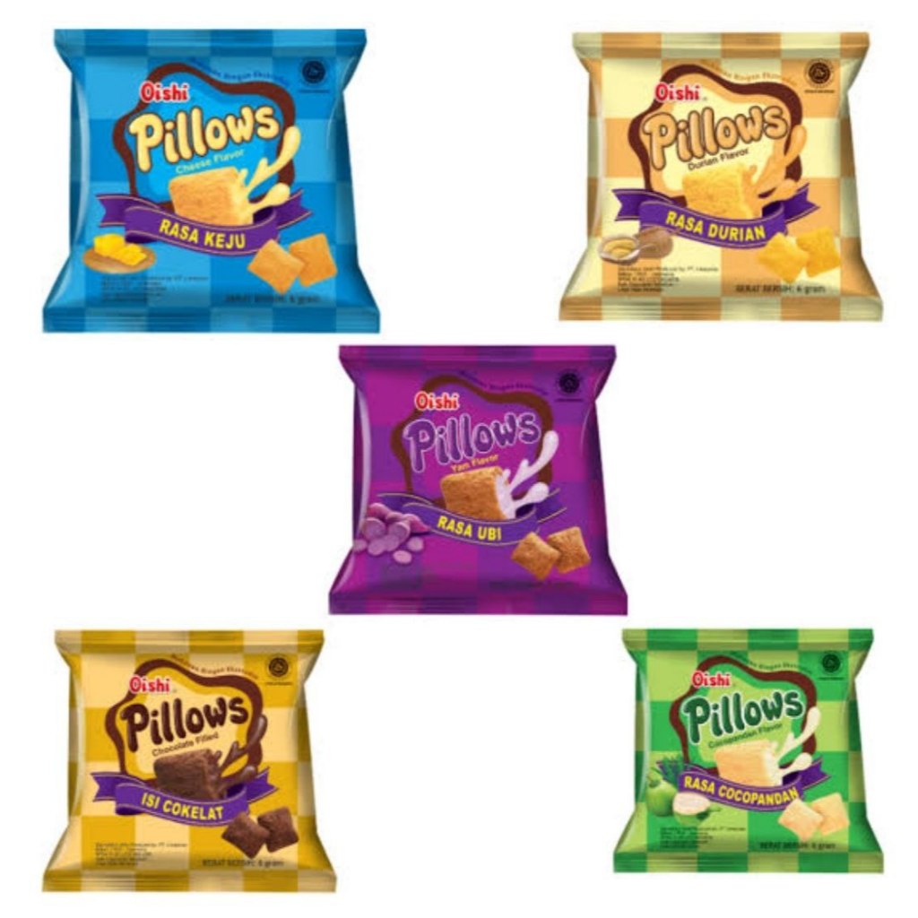 

OISHI PILLOWS 6gr VARIAN RASA COKELAT UBI STRAWBERRY KEJU DURIAN COKLAT KACANG COCOPANDAN -COKLAT