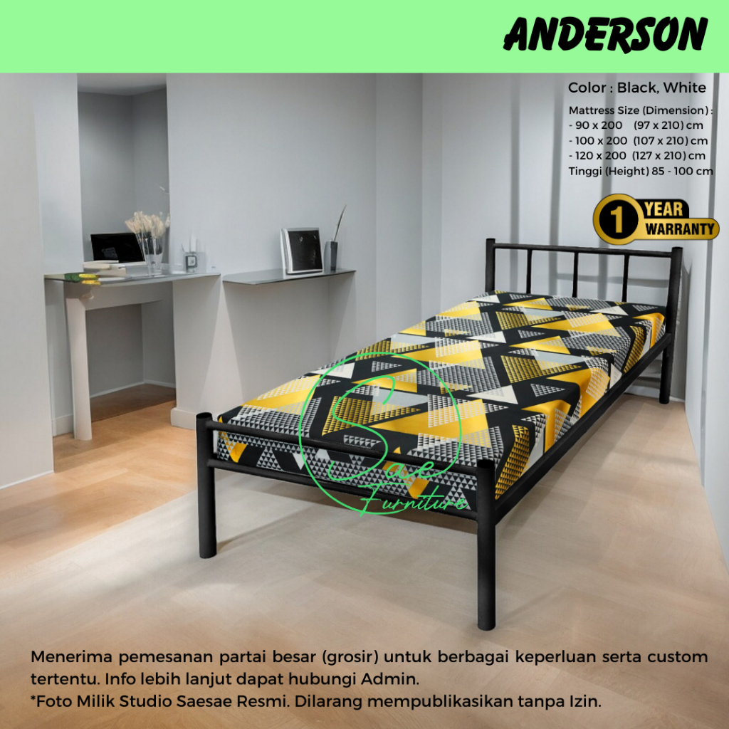 Ranjang Besi Knockdown Single Anderson Minimalis 200x90 200x100 200x120 (S1)