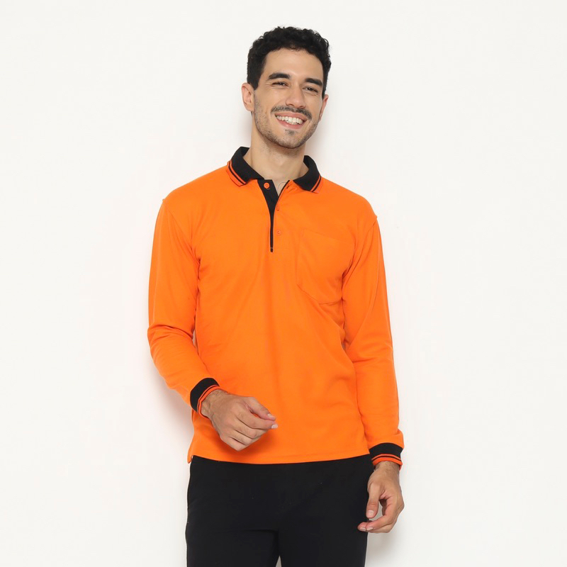 KAOS POLO SHIRT - LENGAN PANJANG - ORANGE - KERAH HITAM - SAKU
