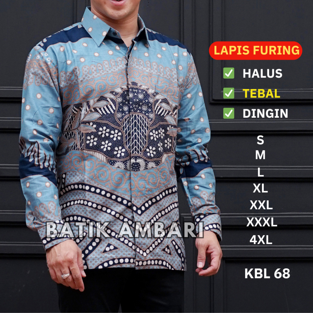 Kemeja Batik Pria LAPIS FURING Lengan Panjang STANDAR JUMBO XXXL 4XL Biru Muda | Batik Ambari KBL 68