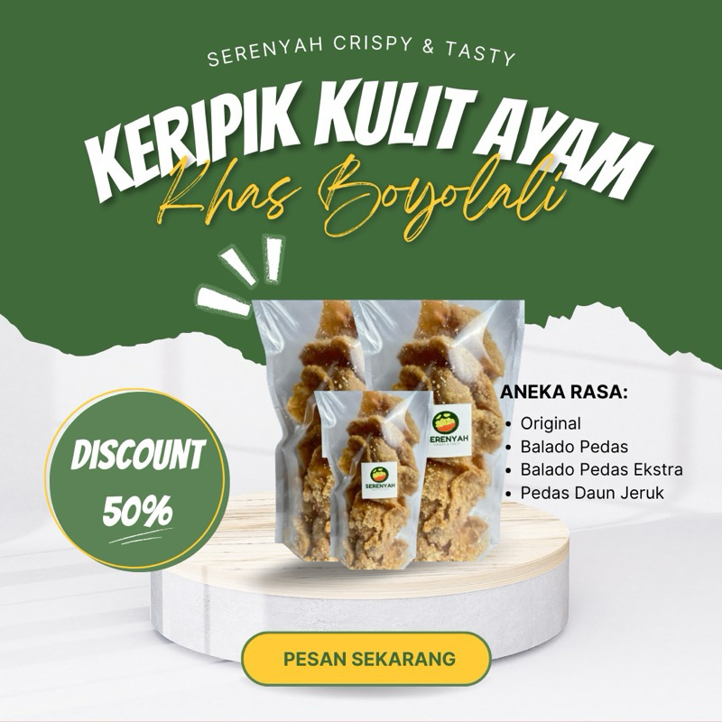 

Serenyah Keripik Kulit Ayam Renyah, Gurih, Lezat, Crispy Cemilan sehari-hari oleh-oleh Khas Boyolali (Bisa COD)