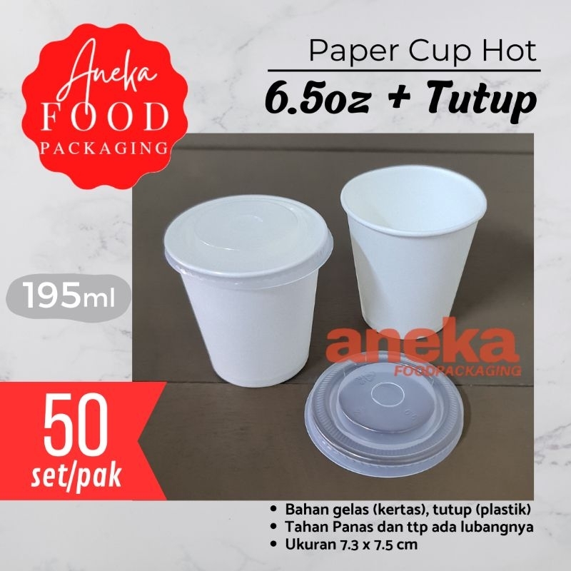 50pc- Gelas kertas/paper cup jagung jasuke polos 6.5oz+tutup