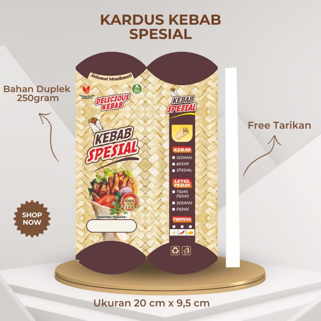 

Kardus Kebab Spesial Kemasan Kebab Bahan Ivory / Duplek ukuran universal (23 cm X 9,5 cm ) isi 50pcs