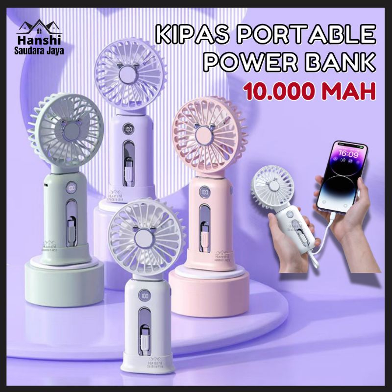 JAMIN BAGUS KIPAS POWER BANK MINI PORTABLE 10000MAH SUPER LIGHTWEIGHT PALM SIZE POWERBANK FAN WITH