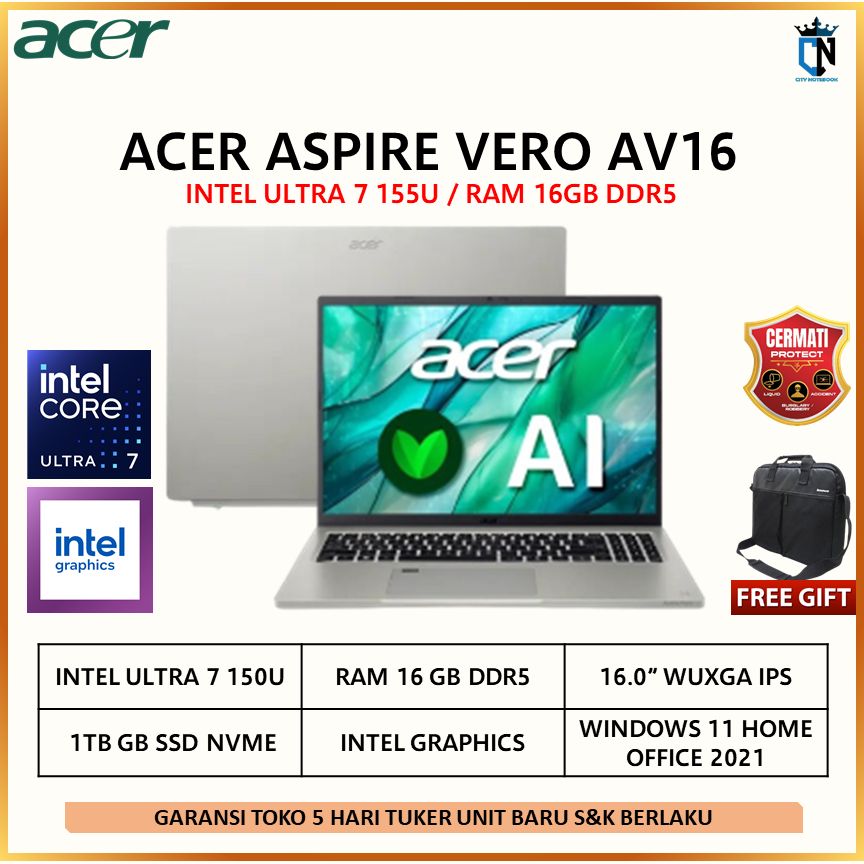 Laptop ACER ASPIRE VERO AV16 ULTRA 7 155U 16GB 1TB W11+OHS 16.0WUXGA 100SRGB