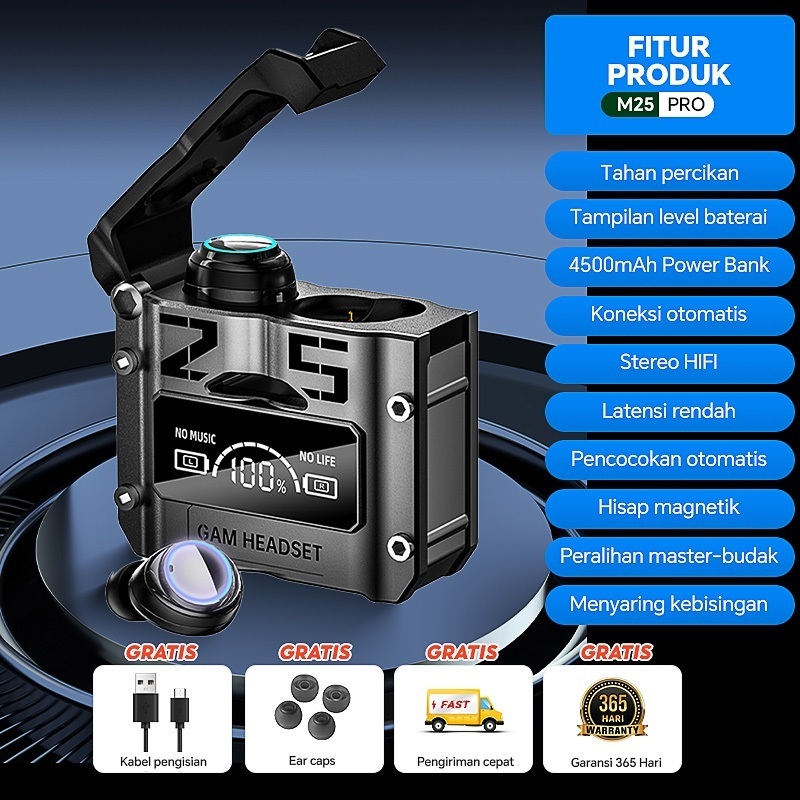 TWS M25 Headset Bluetooth GAMING Earphone Bluetooth Wireless Bass Headphone Bluetooth 5.3 Full Bass