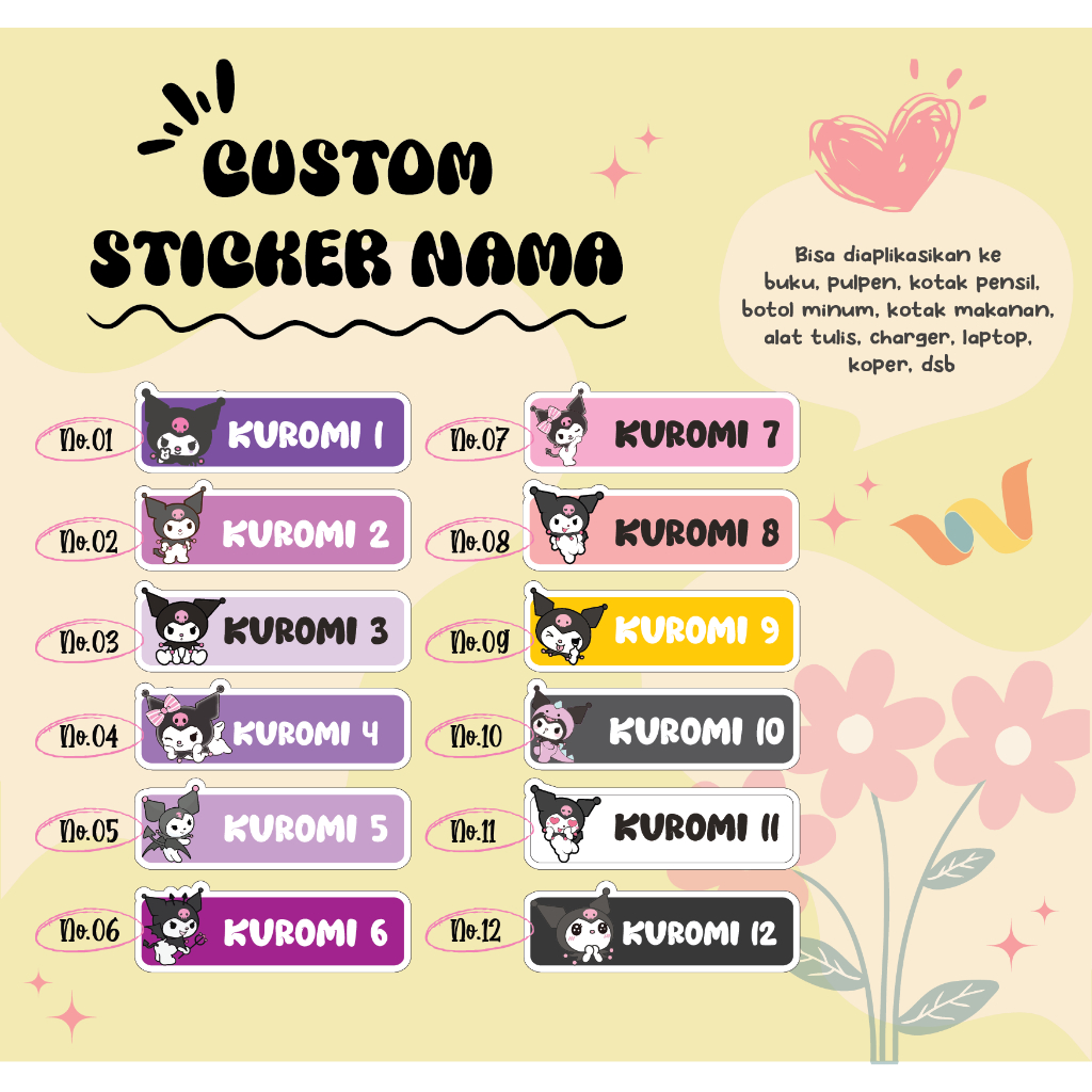 

STICKER STIKER LABEL NAMA LEBEL CUSTOM KURROMI PREMIUM MURAH BUKU BOTOL KOTAK MAKANAN KOPER LAPTOP