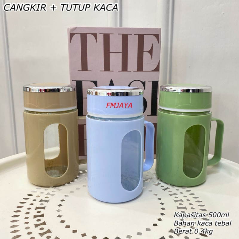 CANGKIR + TUTUP KACA || GELAS KACA + TUTUP 500ML ||  MUG KACA + TUTUP