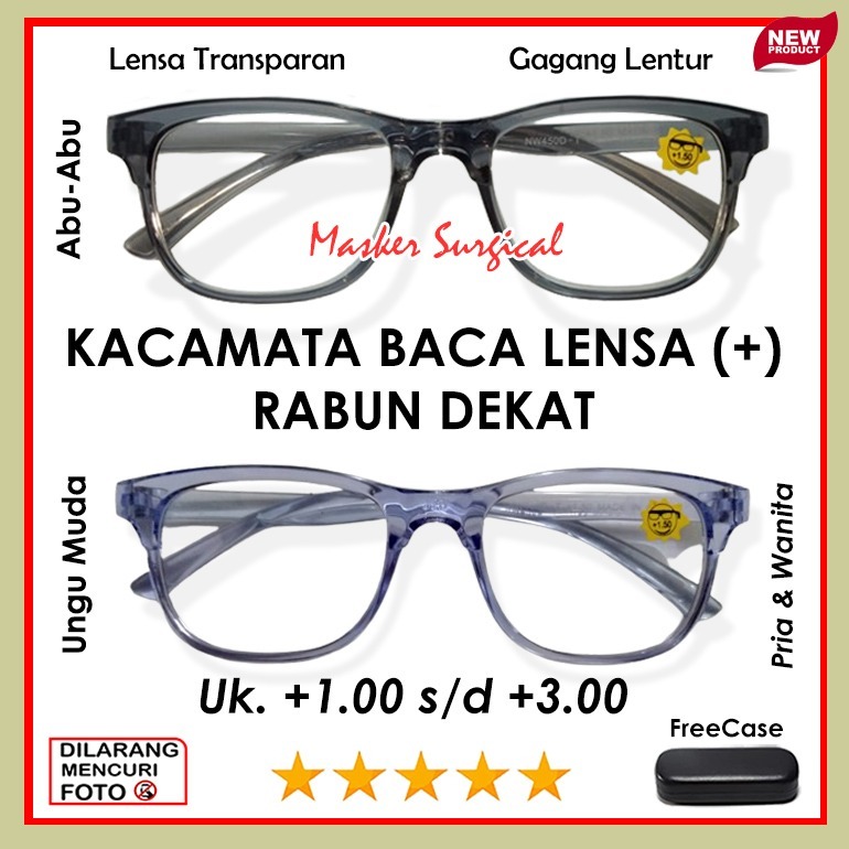 kacamata full baca plus +1.00 sampai +3.00 frame ungu muda dan abu bening model kekinian unisex free
