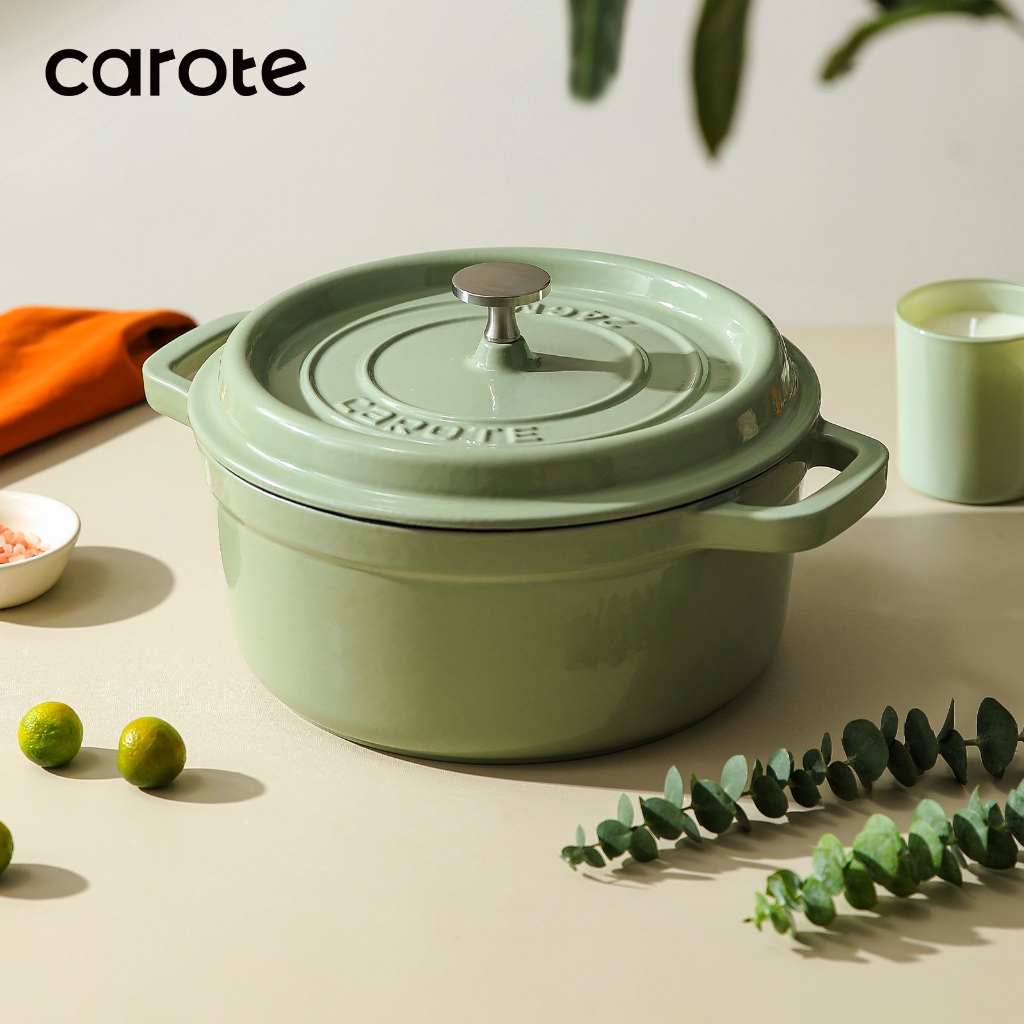 CAROTE Panci Enamel Matcha Hijau 24CM Anti Lengket Besi Cor Murni Peralatan Masak Casserole Panci Re