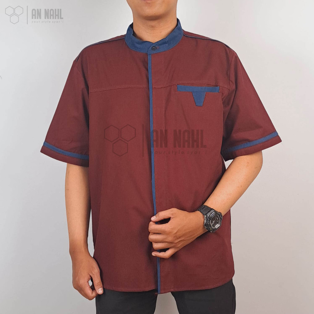 Koko Kurta Pria Lengan Pendek Baby kanvas Maroon Strip Navy