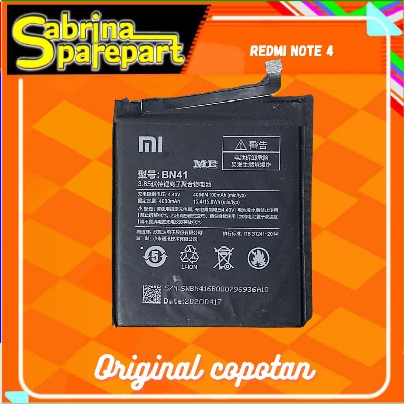 Baterai Untuk Redmi Note 4 BN41 Original Copotan