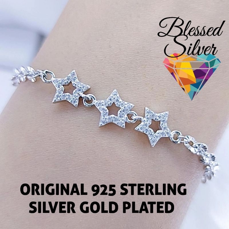 GELANG PERAK ASLI 925  LAPIS EMAS MODEL 3 BINTANG