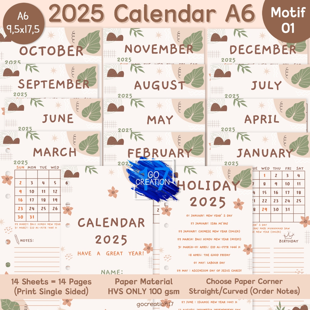 

Buku Planner Kertas Refill Binder Kalender 2025 Calendar Motif Premium A6