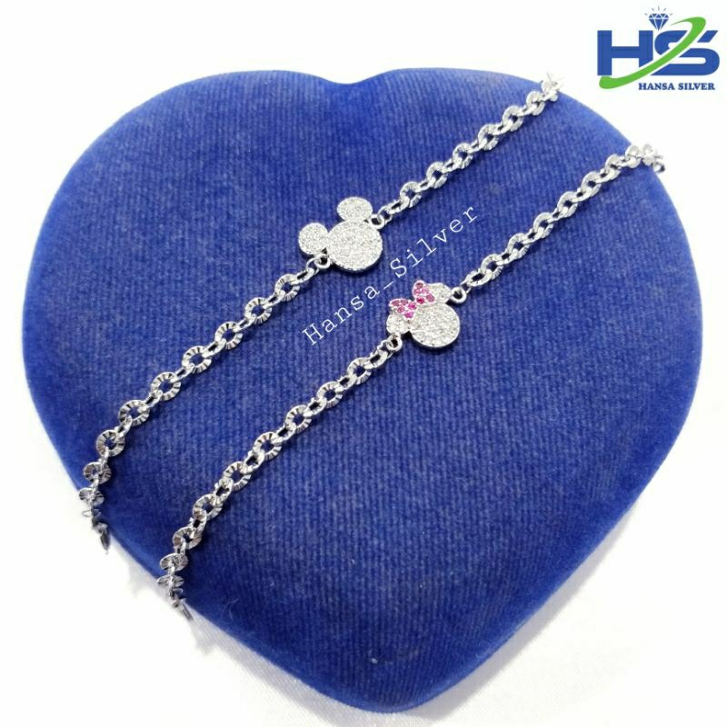 Gelang Perak Anak Bayi Silver Asli 925 Lapis Emas Putih Rantai Nori Ukir Mickey Mouse Minnie Mouse