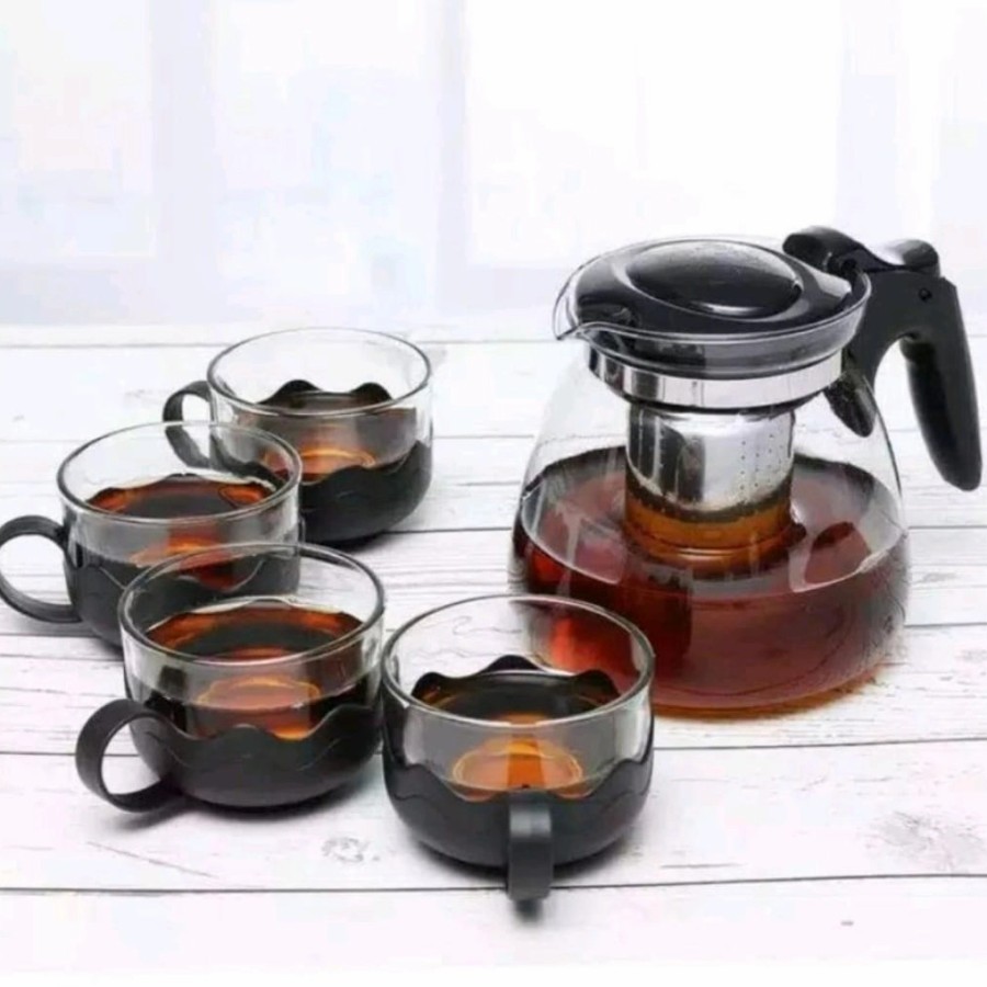 Teko Teh & Kopi Set Gelas 5 in 1 Saringan Hitam Mewah Black Teapot