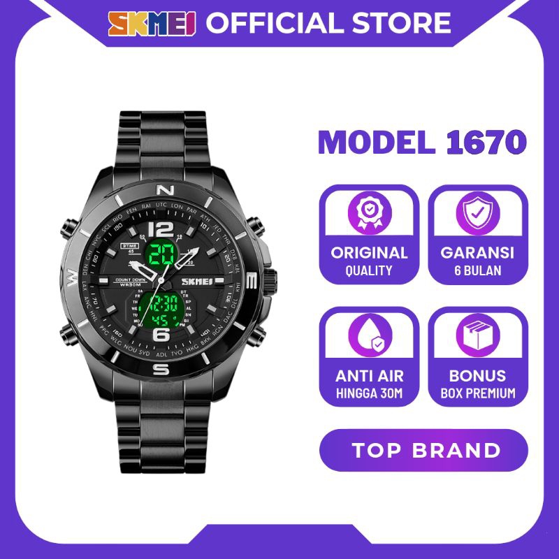 SKMEI Jam Tangan Analog Digital Pria Elegan Stainless Steel Anti Air 1670 Original