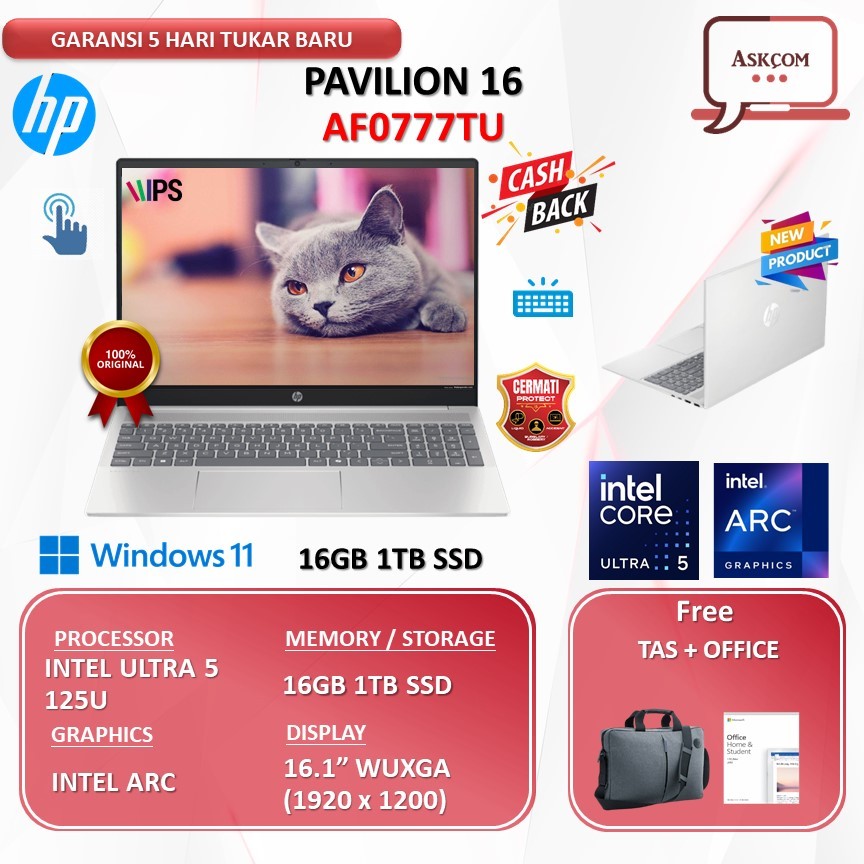 HP Pavilion 16 Touch Ultra 5 125U 16GB 1TB SSD  W11 OHS21 16.0WUXGA BLIT AF0777TU