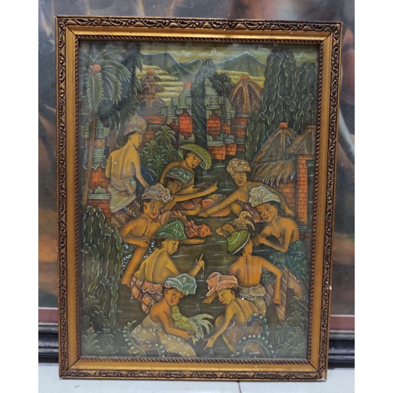 Pajangan tahun 80an Lukisan Sabung Ayam Bali Repro & bingkai ukiran Tua 43X34 cm